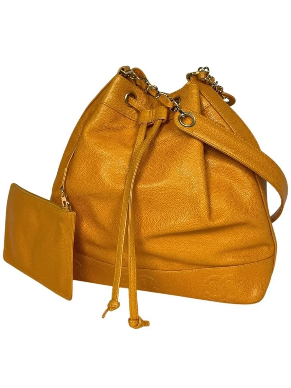 Chanel Shoulder Bag Triple CC Logo Drawstring Caviar Leather Yellow